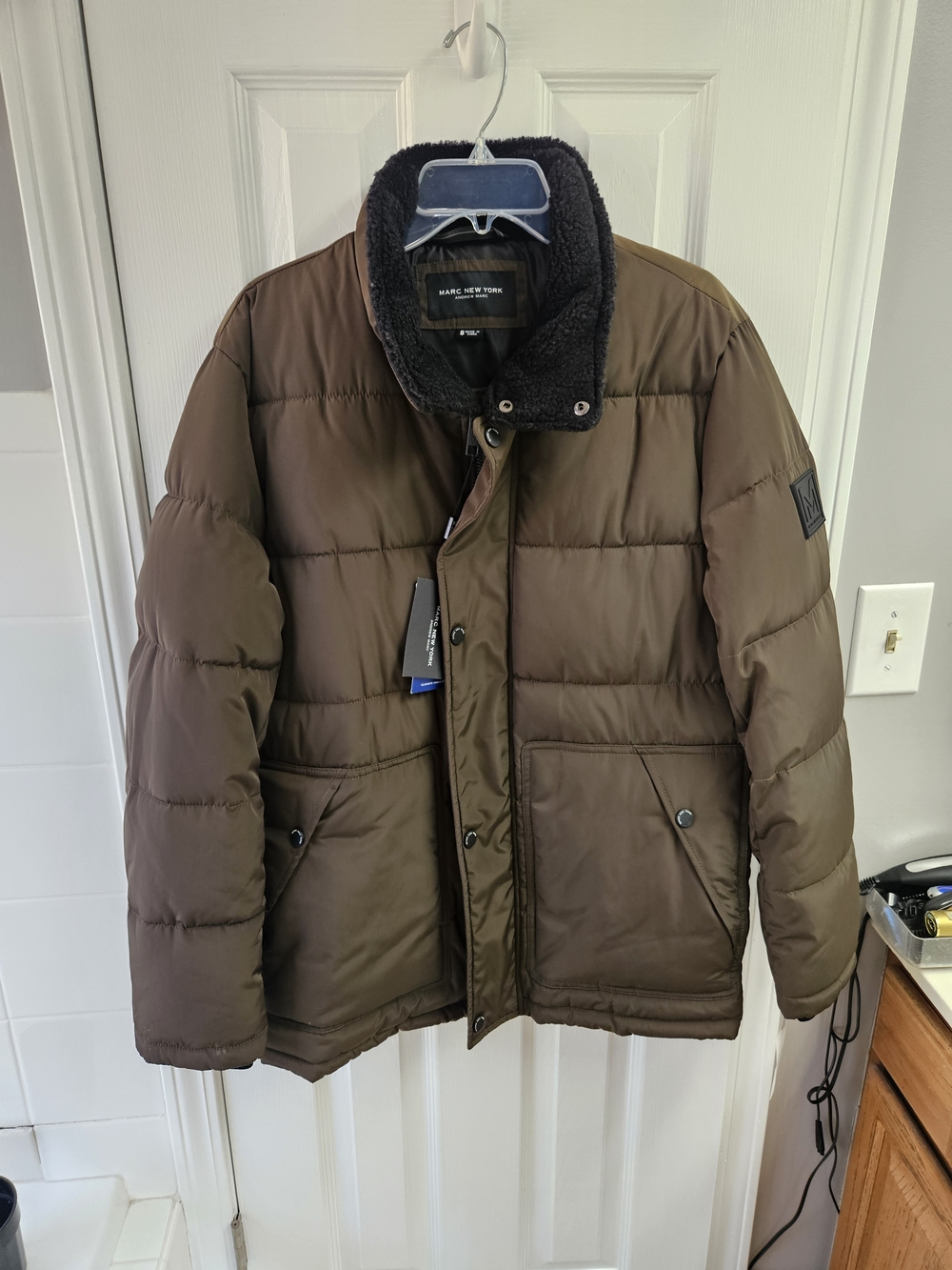 Andrew Marc Brown Puffer Jacket with Black Sherpa Collar